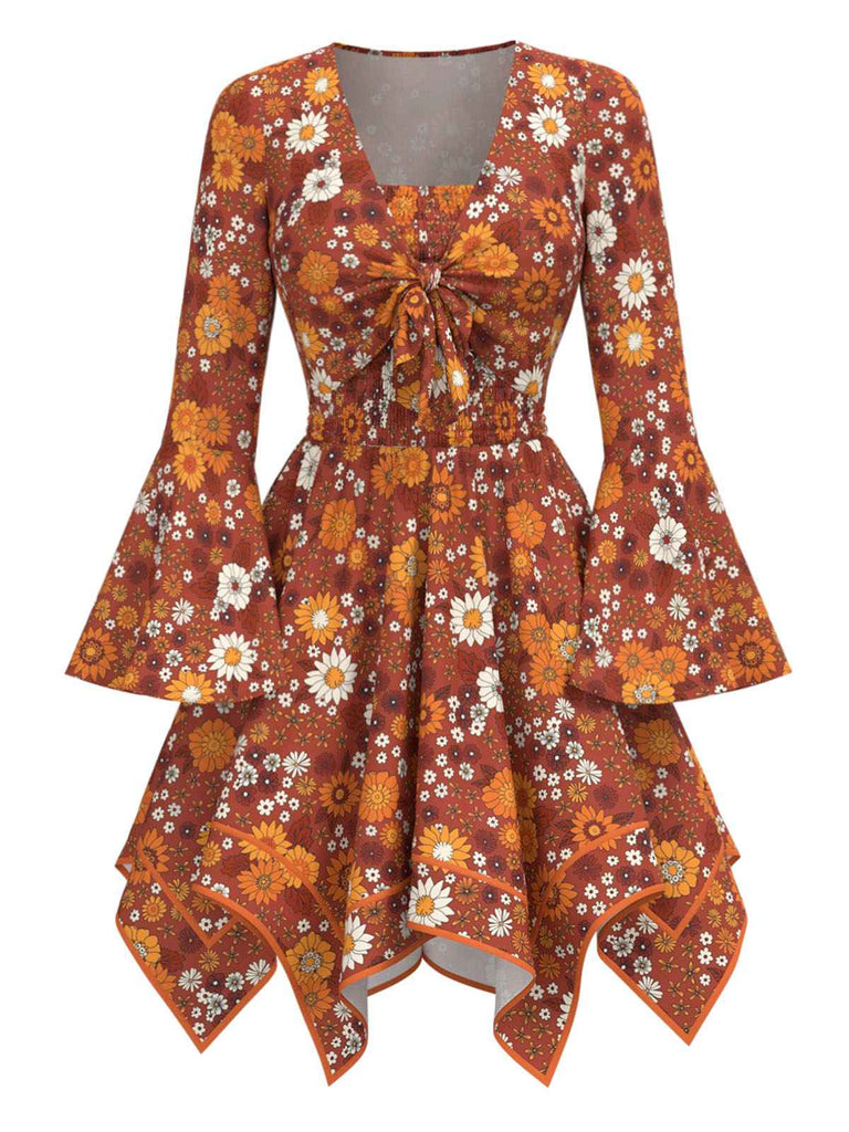 2PCS Orange 1970s Hippie Floral Bell Sleeve Top & Dress