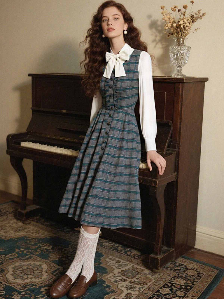 2PCS Gray 1950s Plaid Ruffled Dress & Cotton Blouse