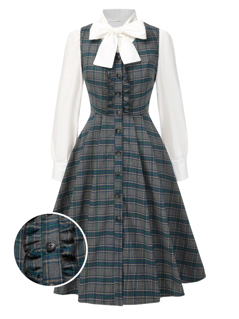 2PCS Gray 1950s Plaid Ruffled Dress & Cotton Blouse