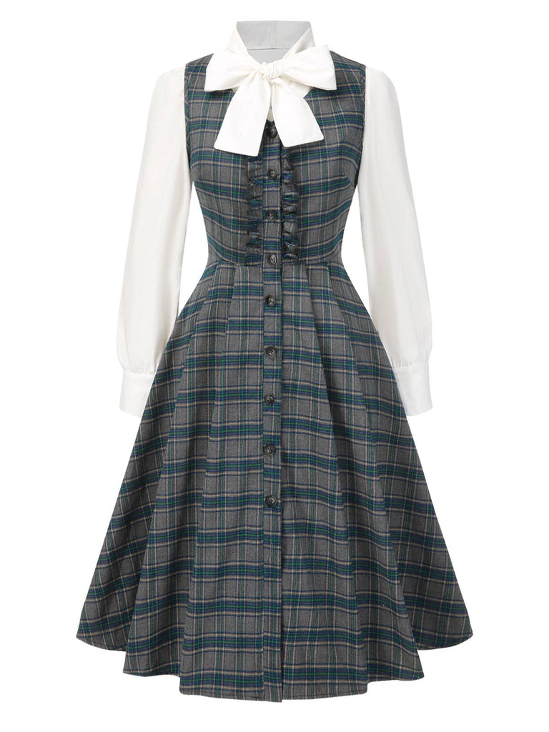 2PCS Gray 1950s Plaid Ruffled Dress & Cotton Blouse