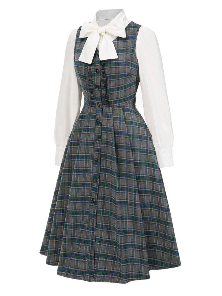 2PCS Gray 1950s Plaid Ruffled Dress & Cotton Blouse