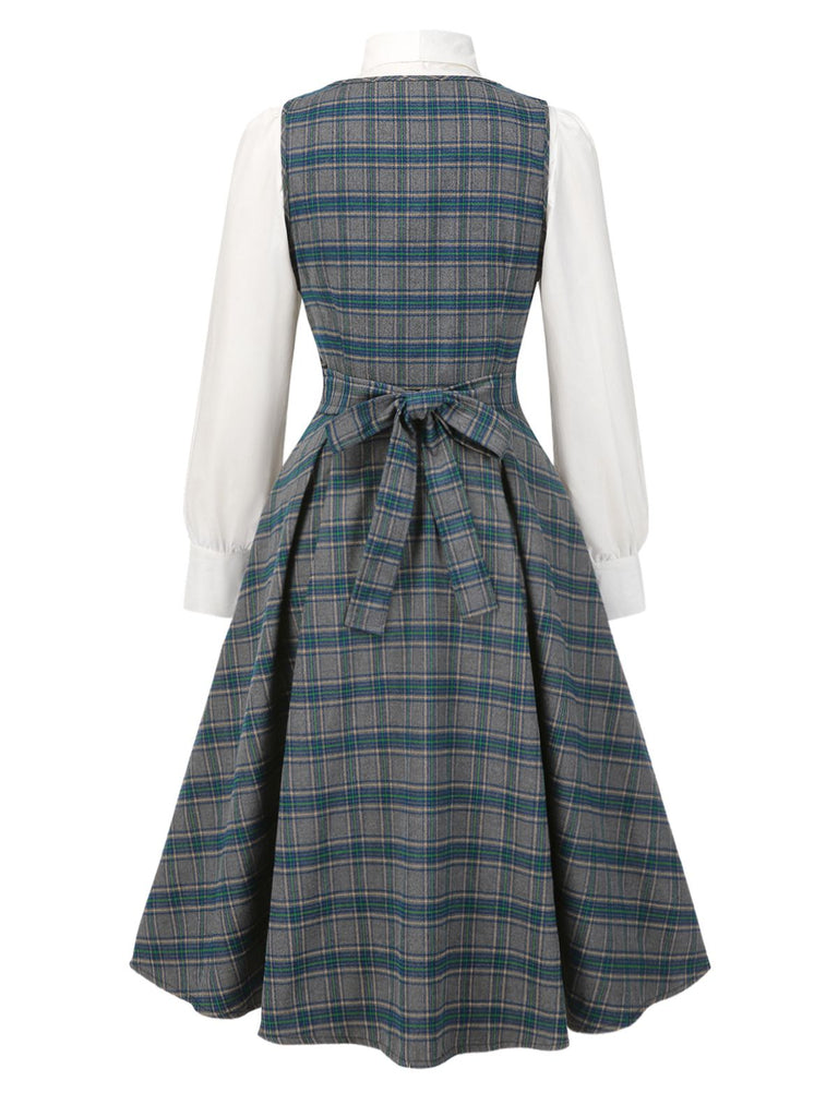 2PCS Gray 1950s Plaid Ruffled Dress & Cotton Blouse
