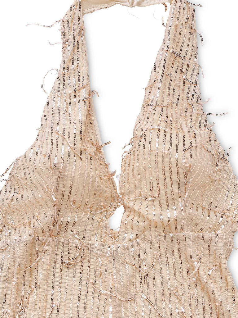 1970s Halter Deep V-Neck Sequin Fringe Jumpsuit