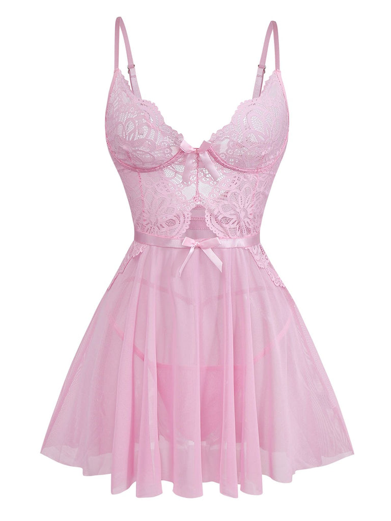 Pink 1950s Lace Spaghetti Strap Bow Nightgown