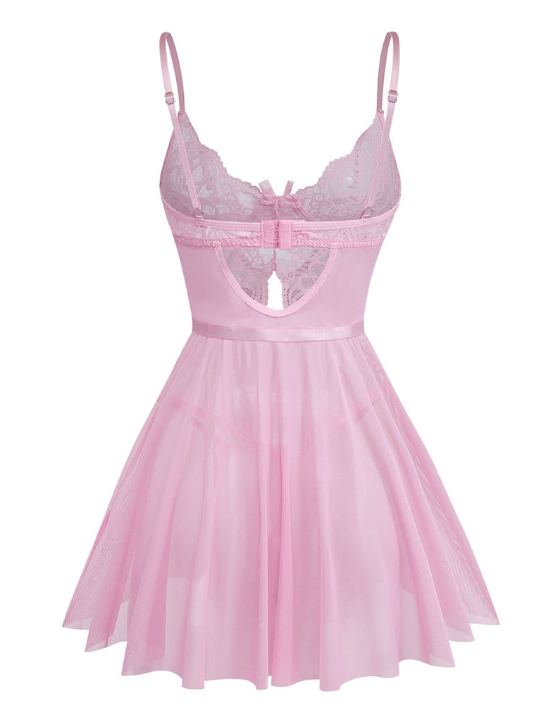 Pink 1950s Lace Spaghetti Strap Bow Nightgown