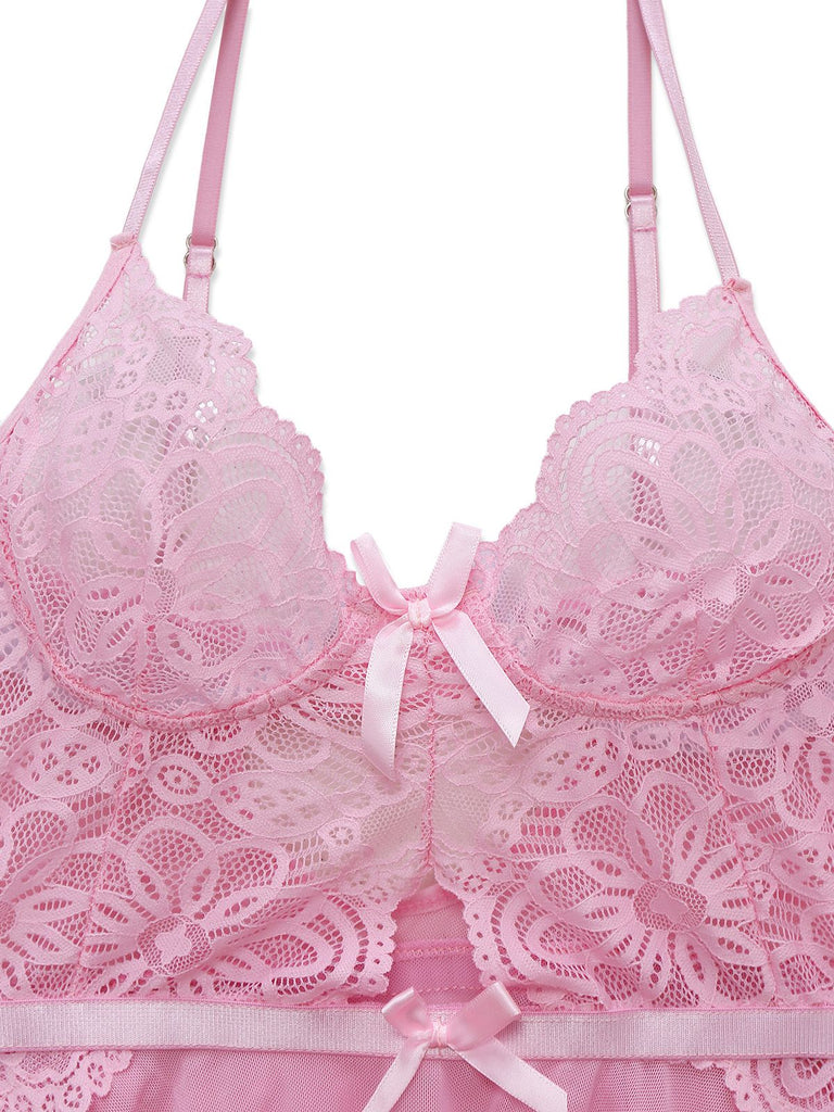 Pink 1950s Lace Spaghetti Strap Bow Nightgown