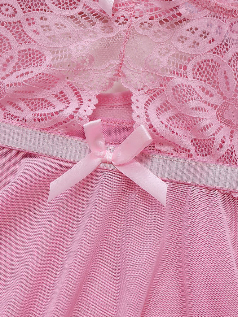 Pink 1950s Lace Spaghetti Strap Bow Nightgown