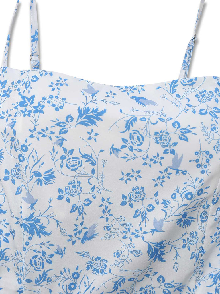 Blue 1970s Spaghetti Strap Floral Tiered Dress