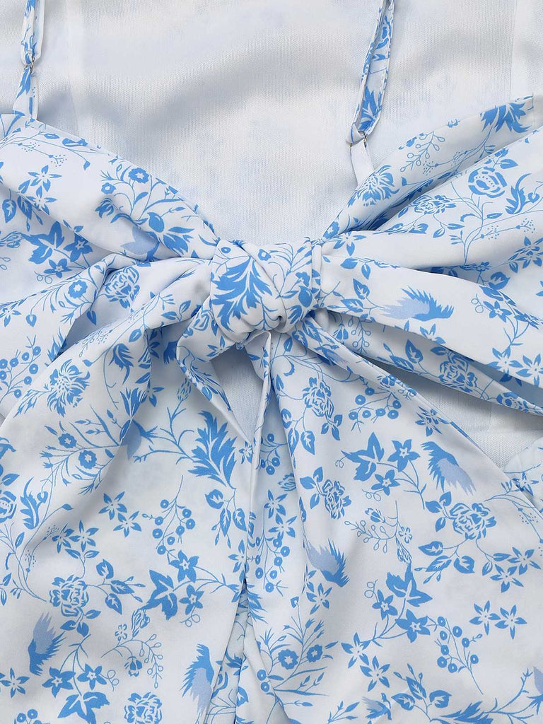 Blue 1970s Spaghetti Strap Floral Tiered Dress