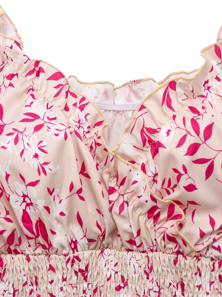 Pink 1940s V-Neck Floral Puff Sleeve Dress