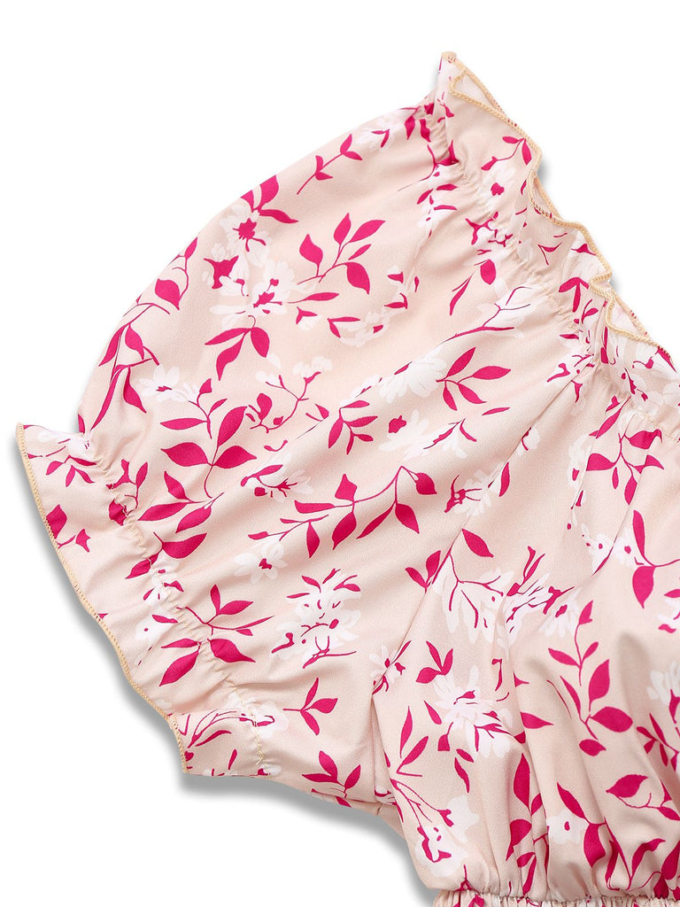 Pink 1940s V-Neck Floral Puff Sleeve Dress