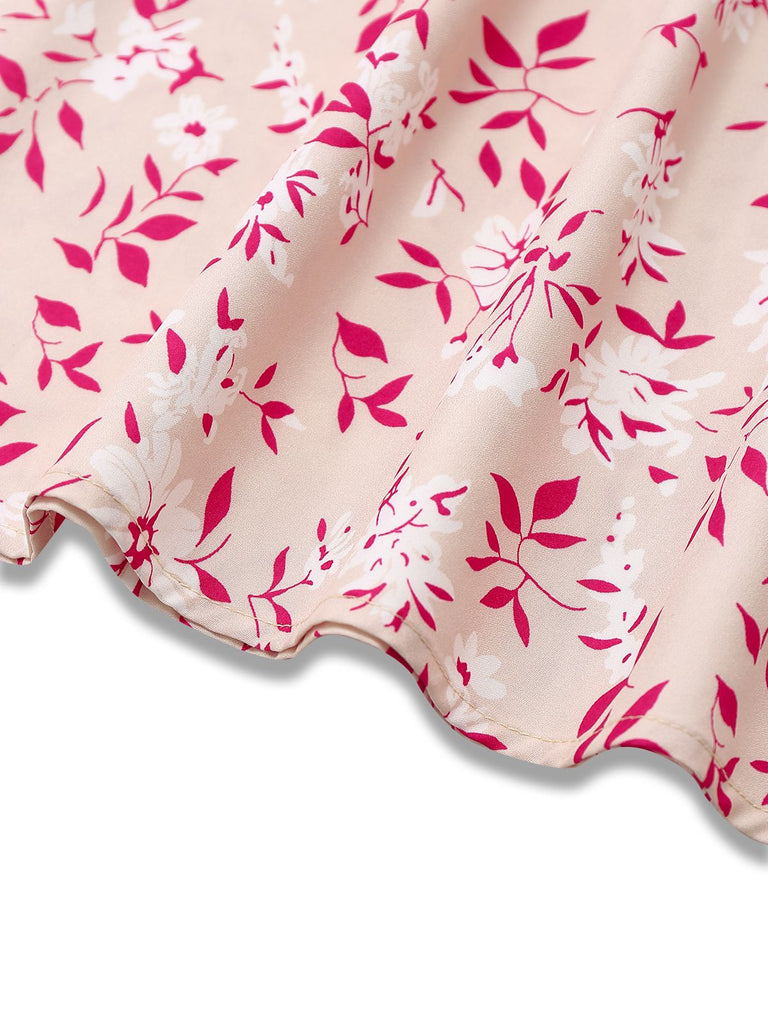 Pink 1940s V-Neck Floral Puff Sleeve Dress