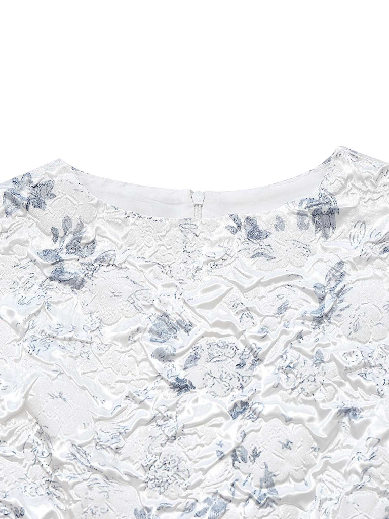 1940s Floral Crinkle-Jacquard Waistband Dress