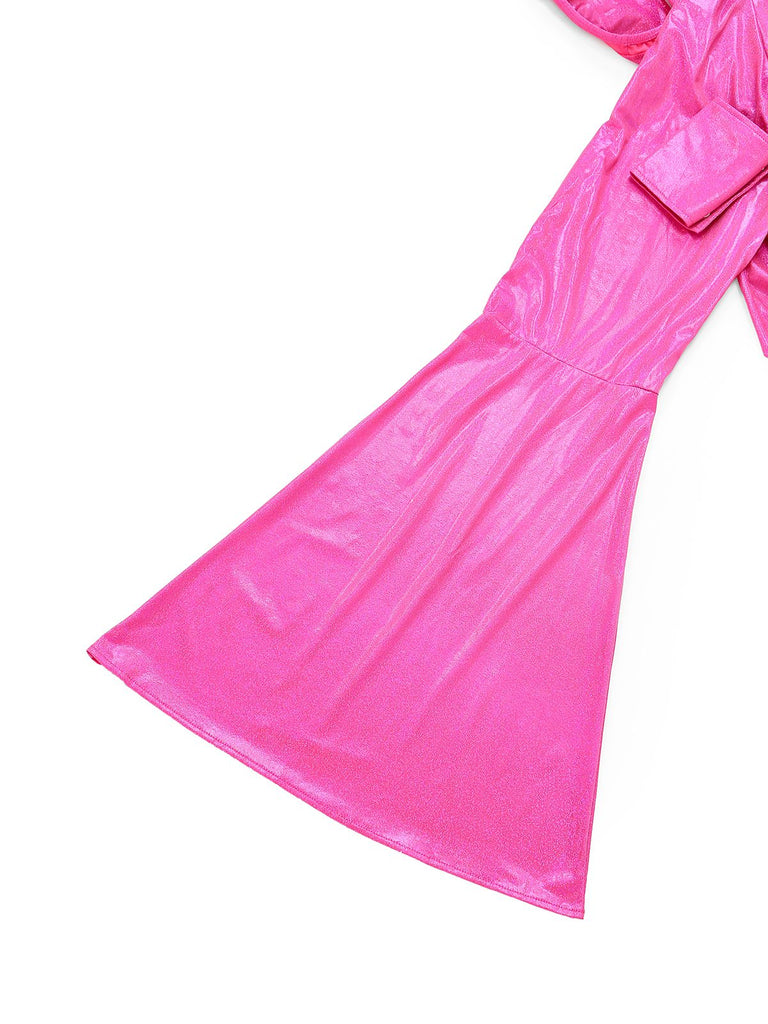 Pink 1970s Metallic Deep V-Neck Disco Jumpsuit