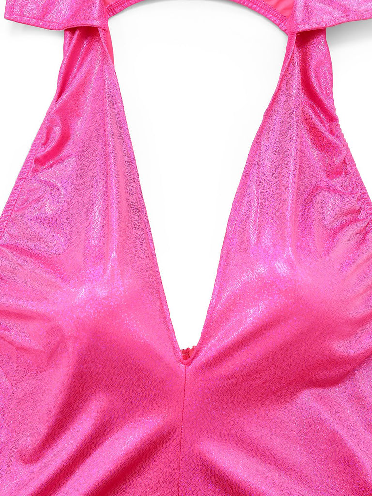 Pink 1970s Metallic Deep V-Neck Disco Jumpsuit