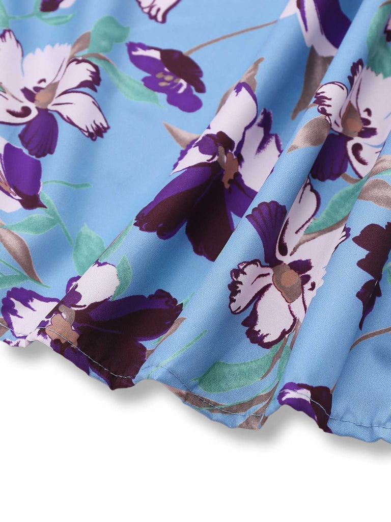 Blue 1940s V-Neck Floral Puff Sleeve Dress