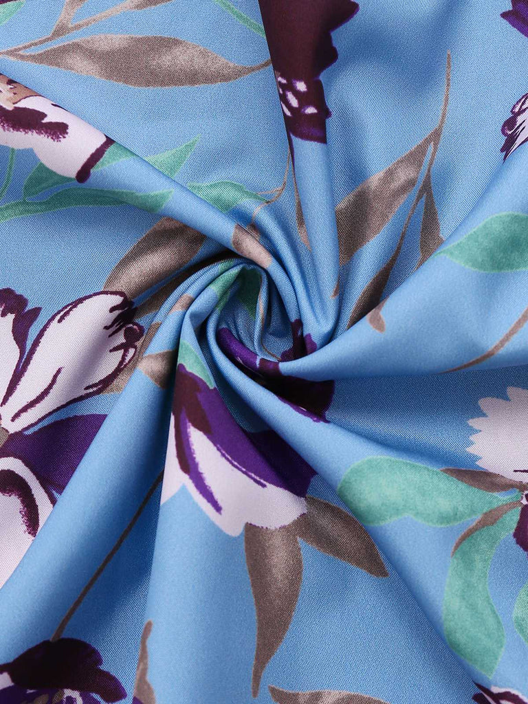 Blue 1940s V-Neck Floral Puff Sleeve Dress