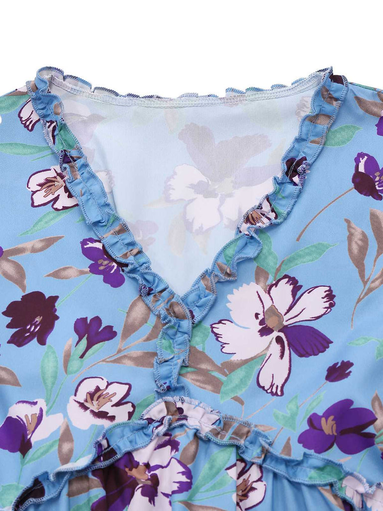 Blue 1940s V-Neck Floral Puff Sleeve Dress