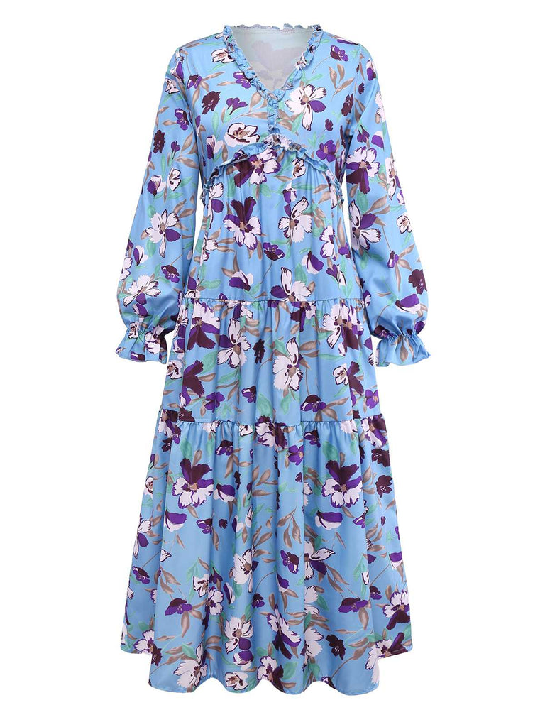Blue 1940s V-Neck Floral Puff Sleeve Dress