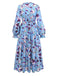 Blue 1940s V-Neck Floral Puff Sleeve Dress
