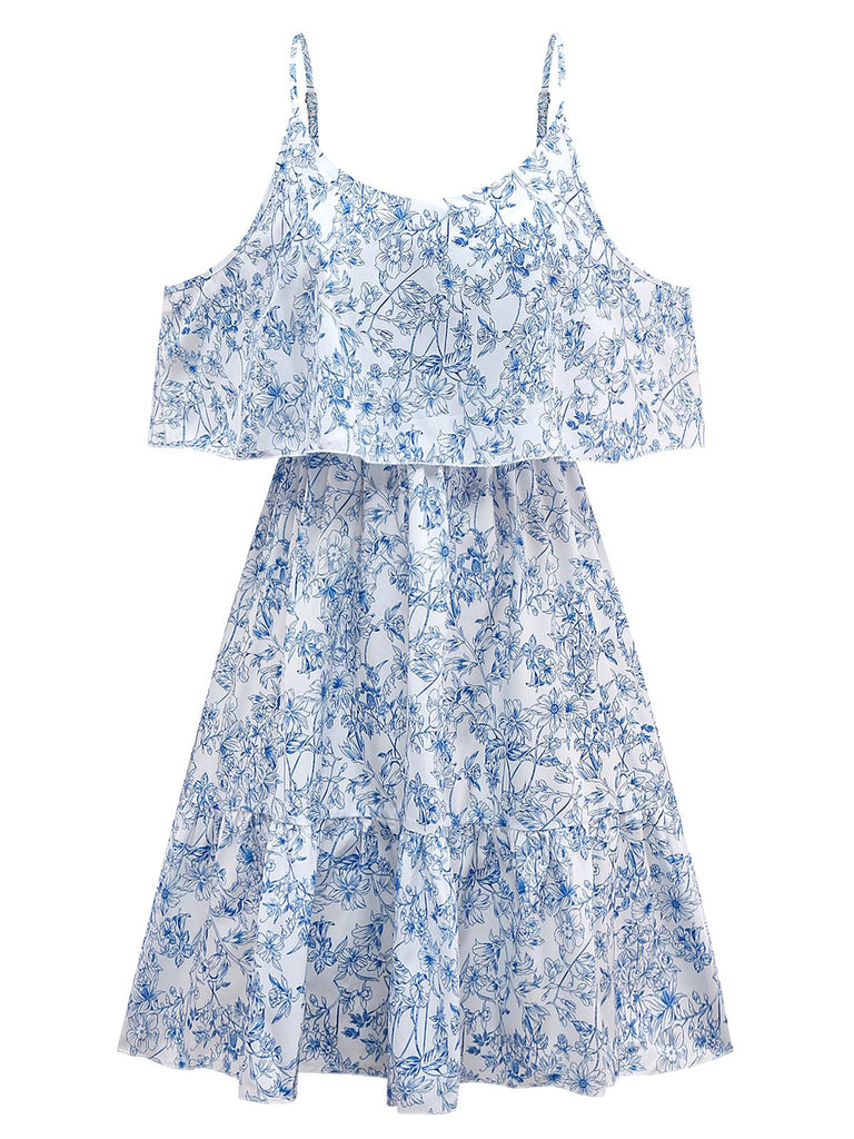 1950s Floral Cold Shoulder Ruffle Dress