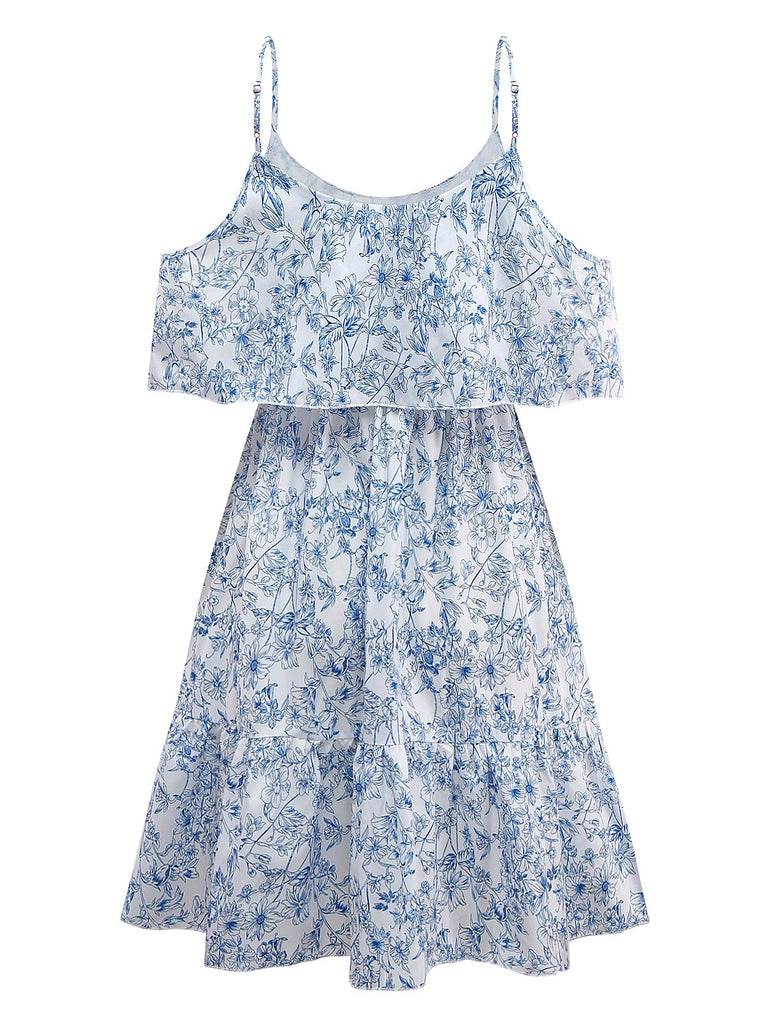 1950s Floral Cold Shoulder Ruffle Dress