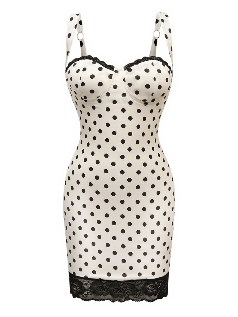 White 1960s Polka Dots Lace Patchwork Bodycon Dress