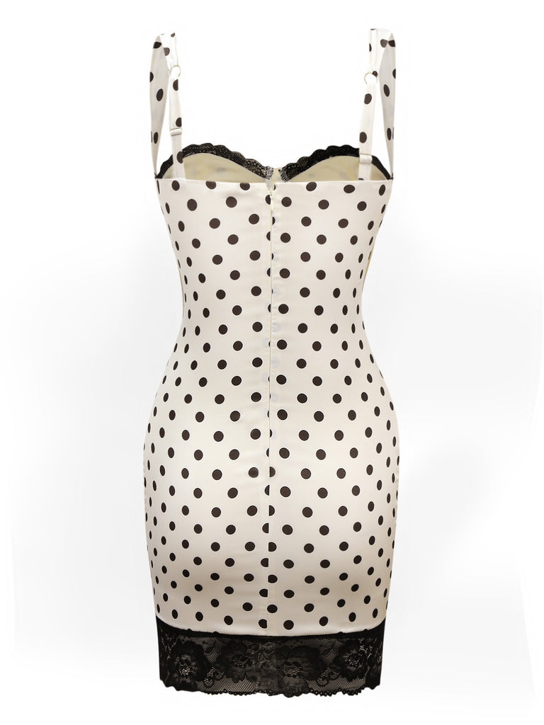 White 1960s Polka Dots Lace Patchwork Bodycon Dress