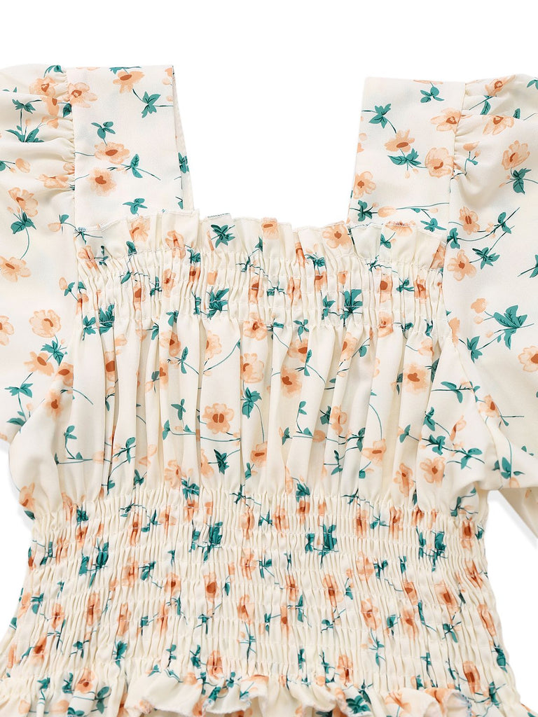 Yellow 1940s Floral Square Neck Dress