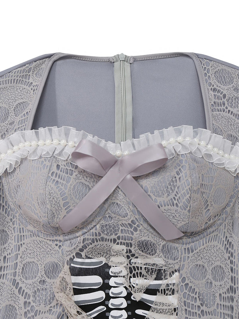 Grey 1930s Halloween Ghost Bride Mesh Dress