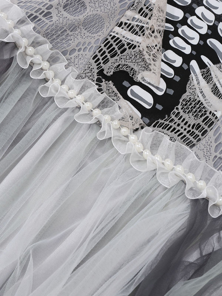 Grey 1930s Halloween Ghost Bride Mesh Dress
