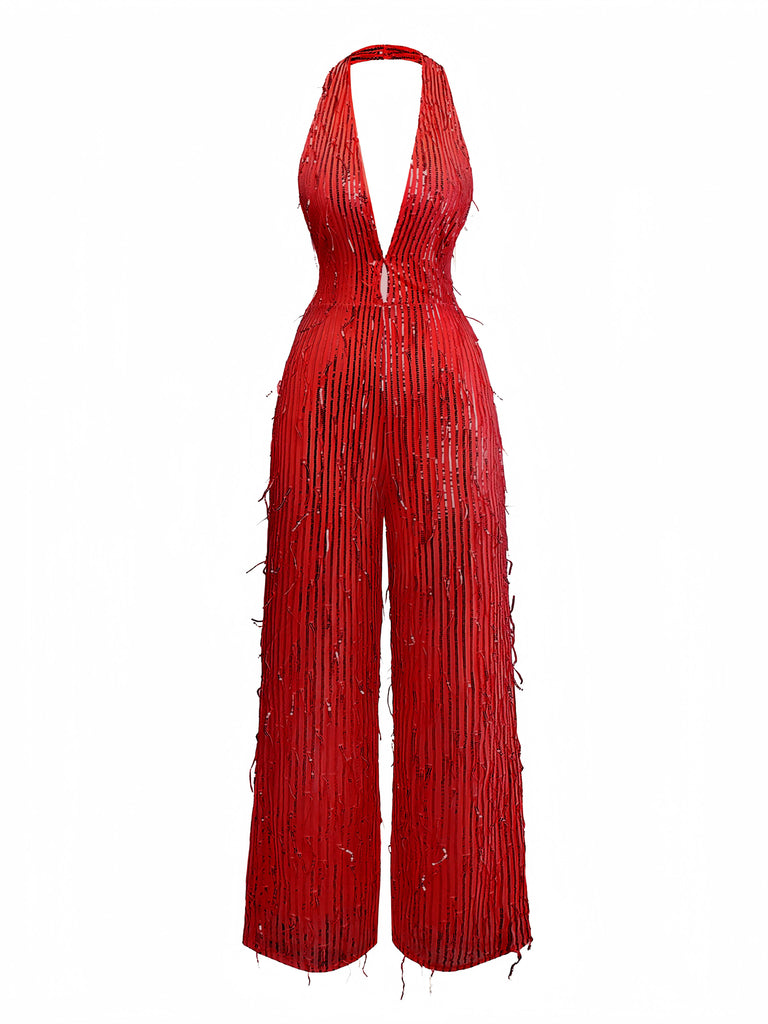 1970s Halter Deep V-Neck Sequin Fringe Jumpsuit