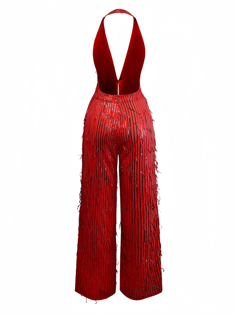 1970s Halter Deep V-Neck Sequin Fringe Jumpsuit