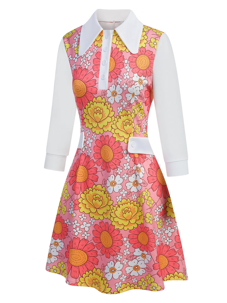 Pink 1960s Lapel Flowers Patchwork Dress