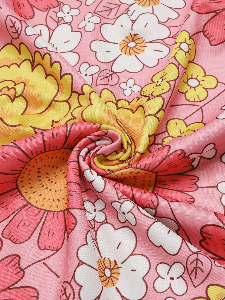 Pink 1960s Lapel Flowers Patchwork Dress