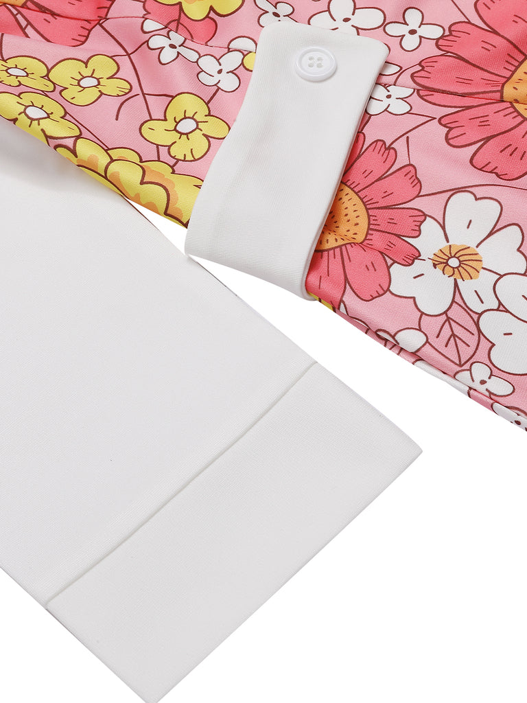 Pink 1960s Lapel Flowers Patchwork Dress