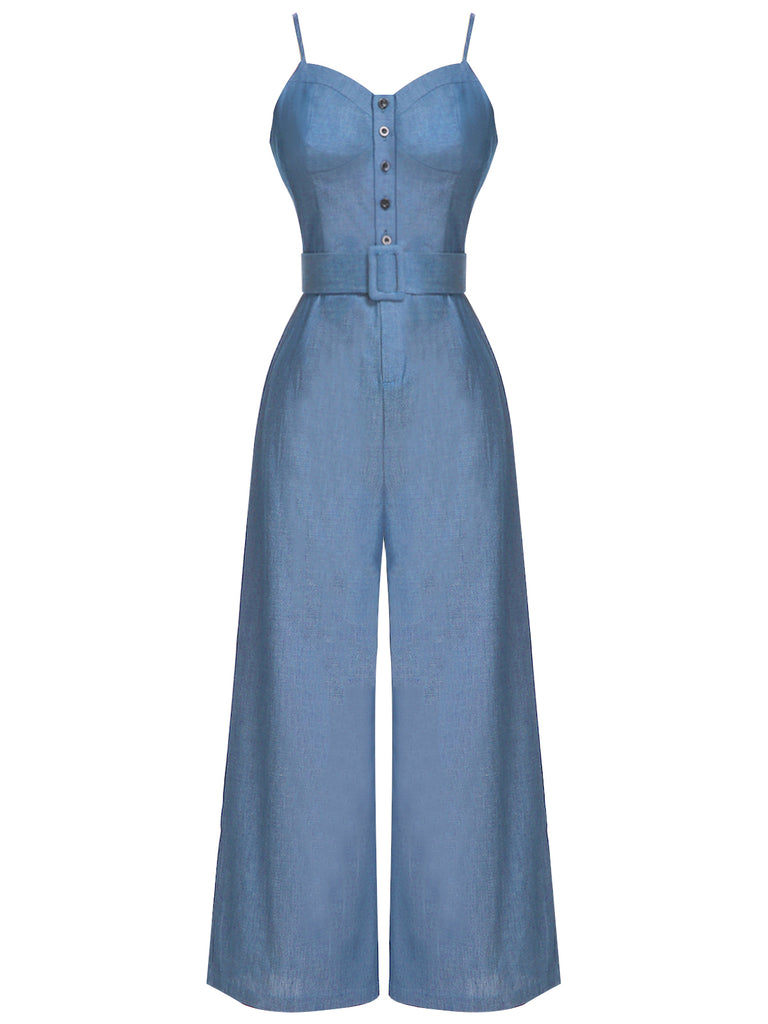 Navy Blue 1930s Cowboy Solid Strap Jumpsuit