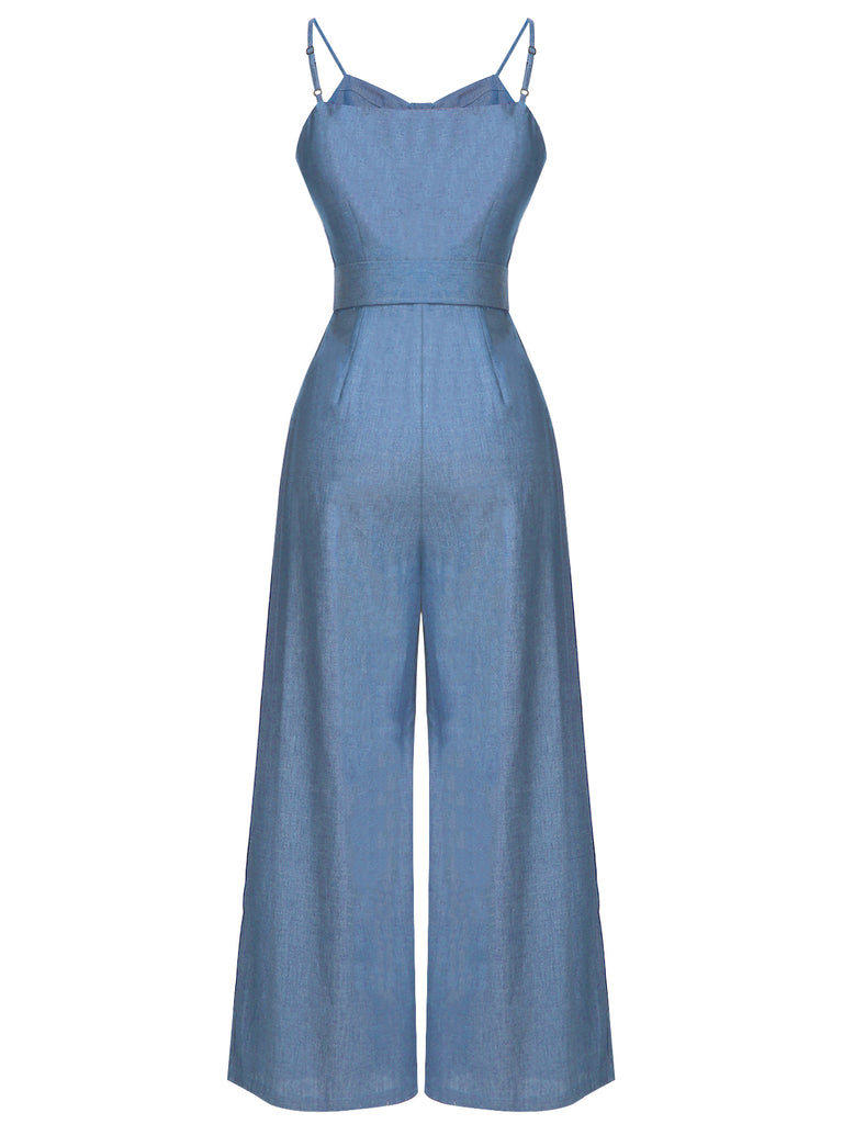 Navy Blue 1930s Cowboy Solid Strap Jumpsuit