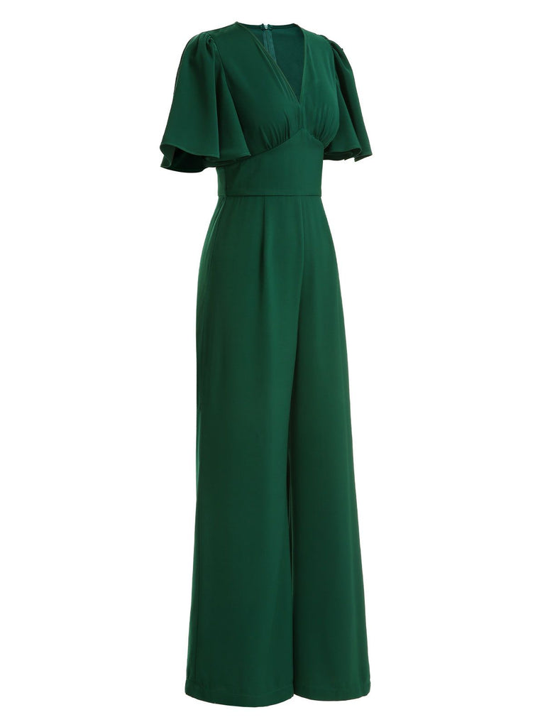 Green 1930s Solid V-Neck Jumpsuit