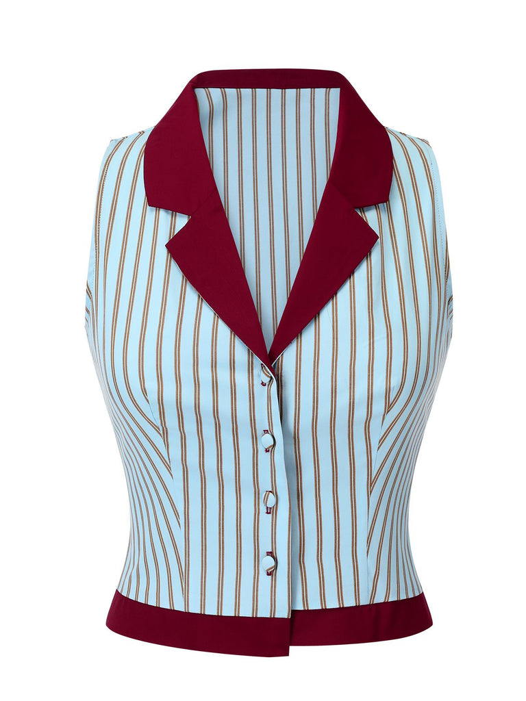 2PCS 1950s Blue Stripes Patchwork Blouse & Red Solid Shorts