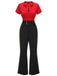 2PCS 1940s Red Tie-Up Blouse & Black Pants
