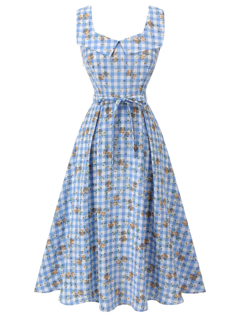Blue 1940s Rose Gingham Lace Up Dress