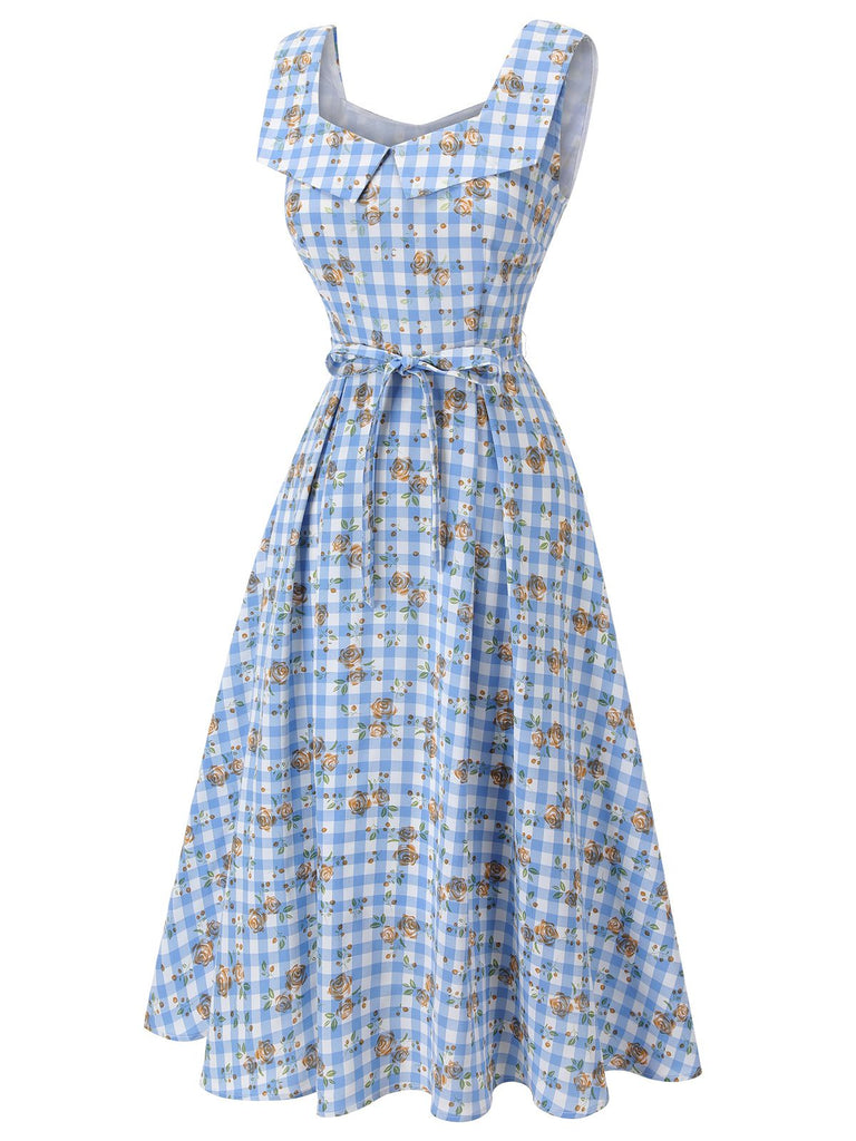 Blue 1940s Rose Gingham Lace Up Dress