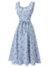 Blue 1940s Rose Gingham Lace Up Dress
