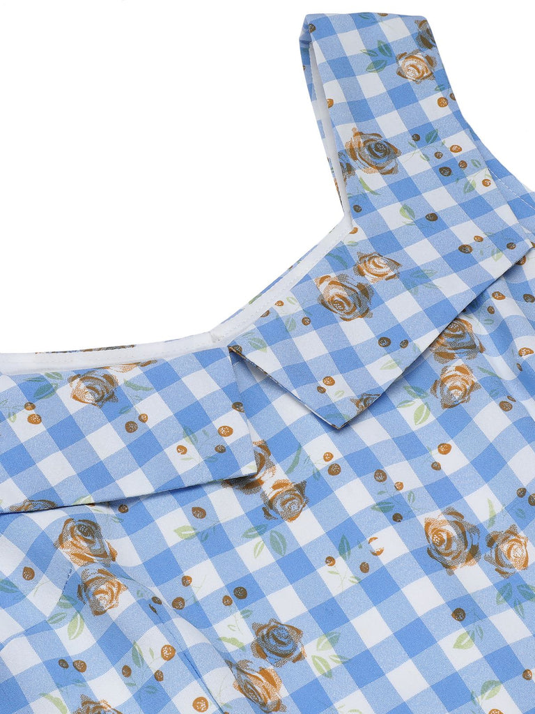 Blue 1940s Rose Gingham Lace Up Dress