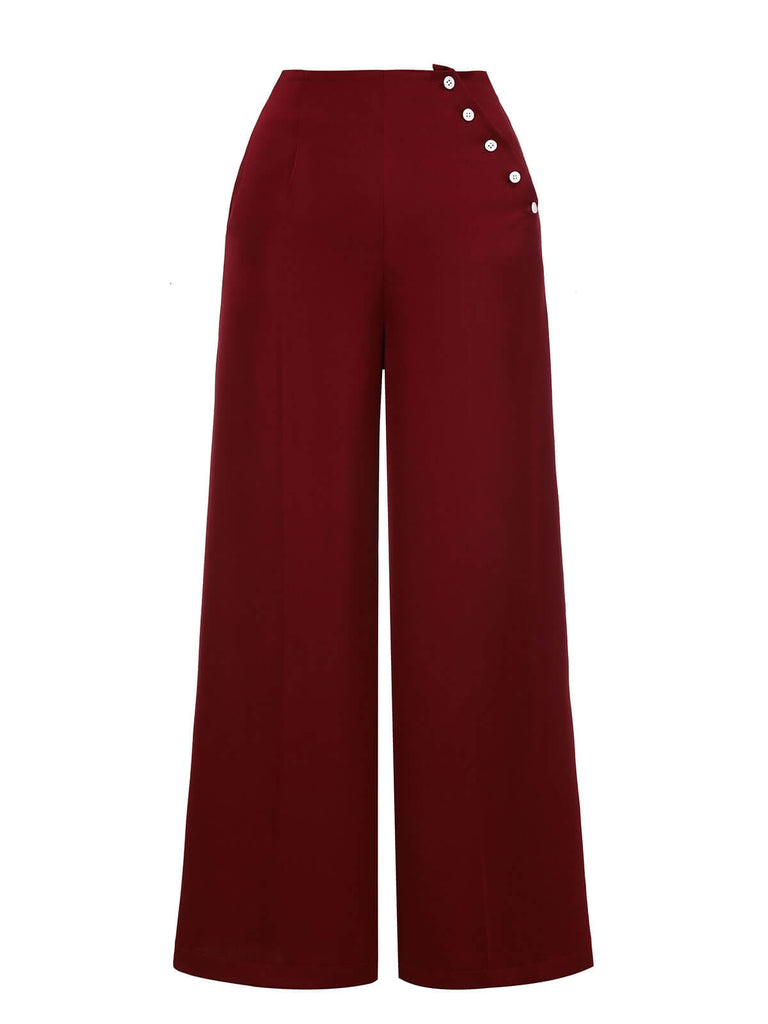 Red 1950s Burgundy Button Wide leg Pants