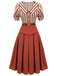 2PCS Orange Red 1950s Striped Blouse & Pleated Skirt
