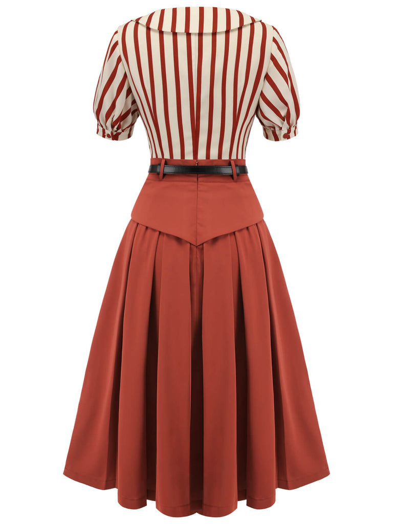 2PCS Green 1950s Striped Blouse & Pleated Skirt