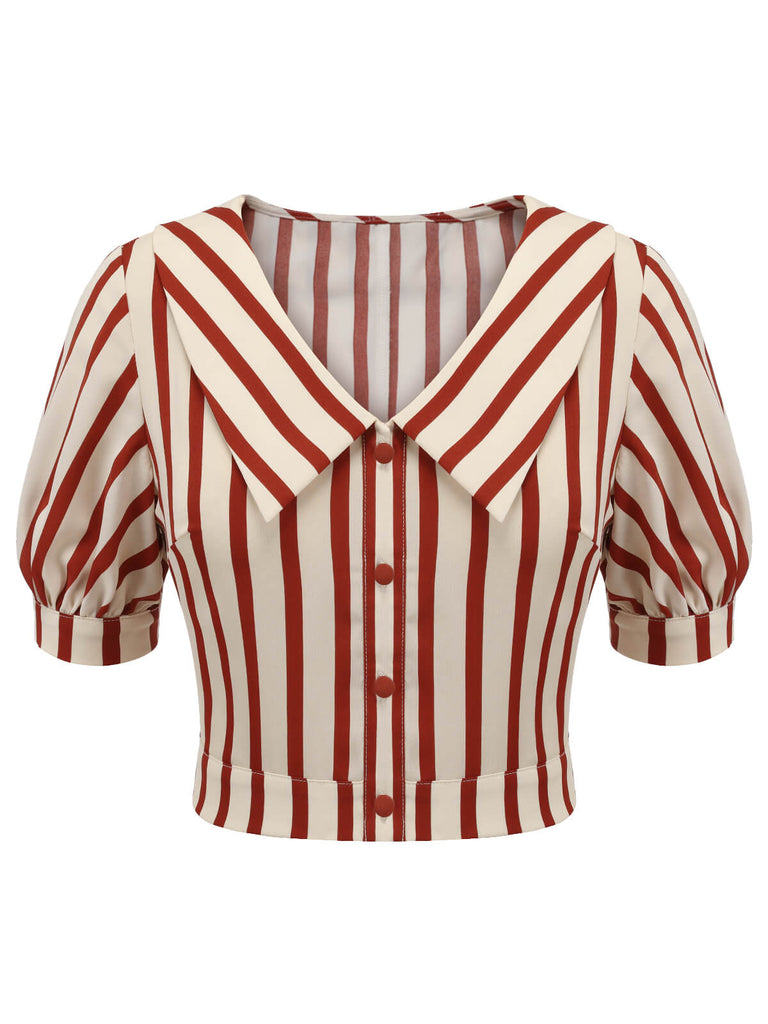 2PCS Orange Red 1950s Striped Blouse & Pleated Skirt