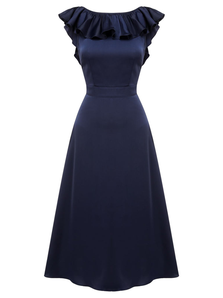 Dark Blue 1930s Flounce Sleeve Cowl Neck Trumpet Dress